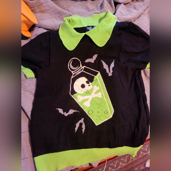 Hell Bunny Sweaters - Hell Bunny Black Sweater with Neon Green Collar Small
